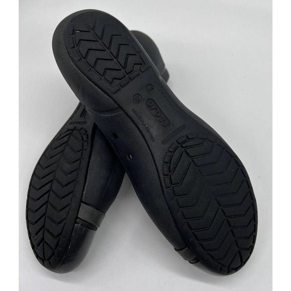 Crocs Women's 8W Ballet Flats Shiny Cap Toe Black Slides Slip On Comfort Shoes - Picture 3 of 6
